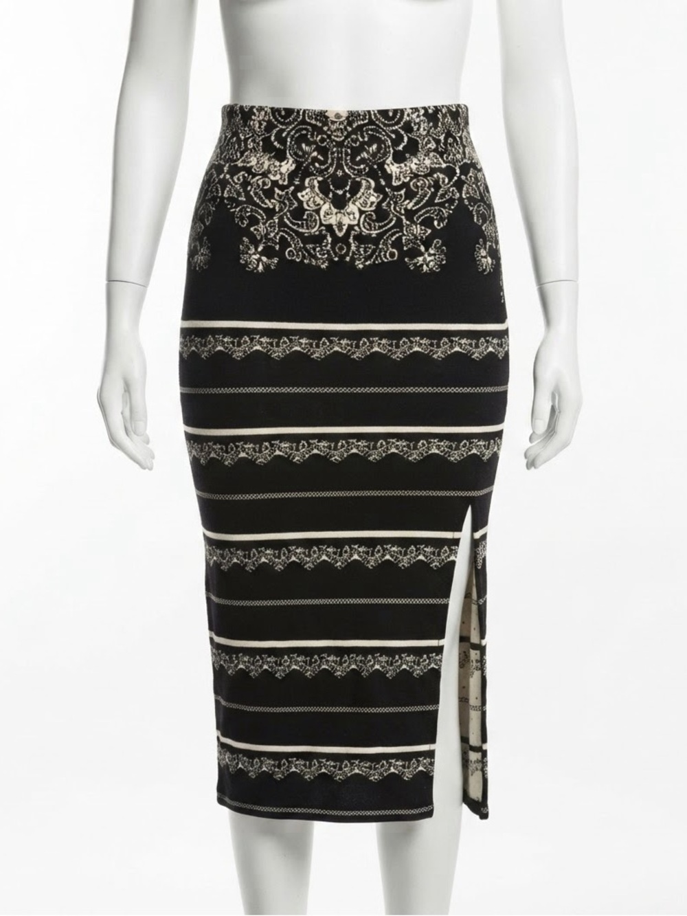 Free People Black White Jacquard Knit Pencil Skirt S Slit